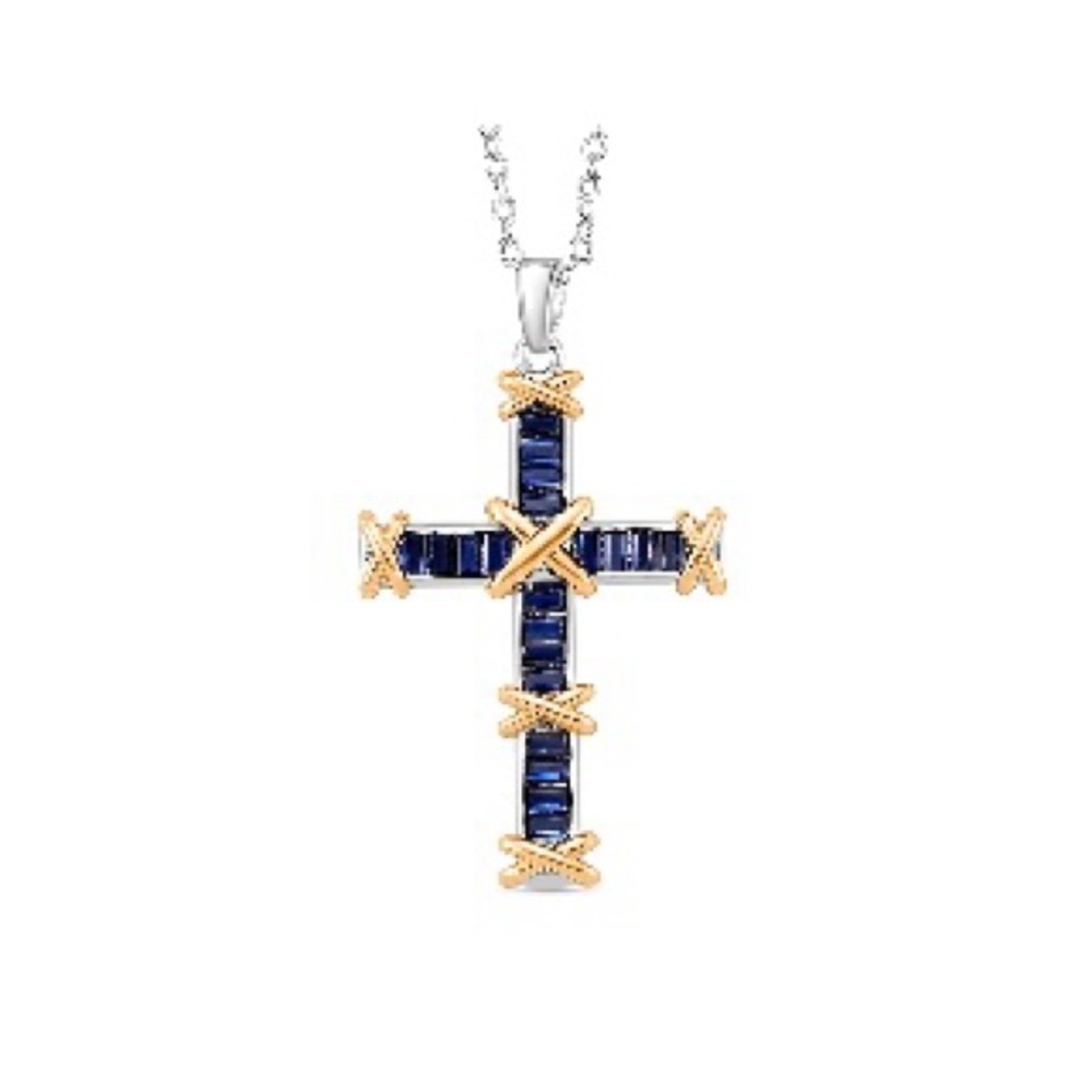 Elegant Blue and Gold Simulated Diamond Cross Pendant Necklace
